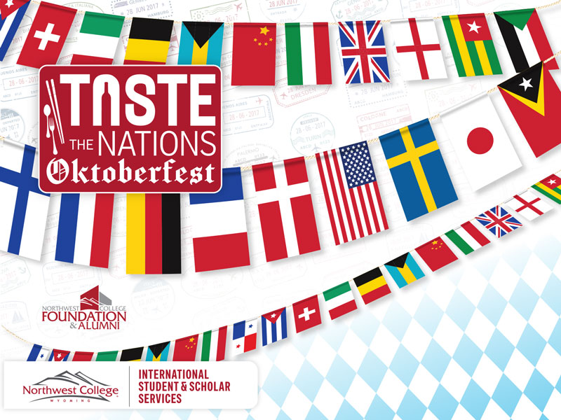 A graphic showing a collection of national flags against a white background with passport stamps with a Taste the Nations logo in front